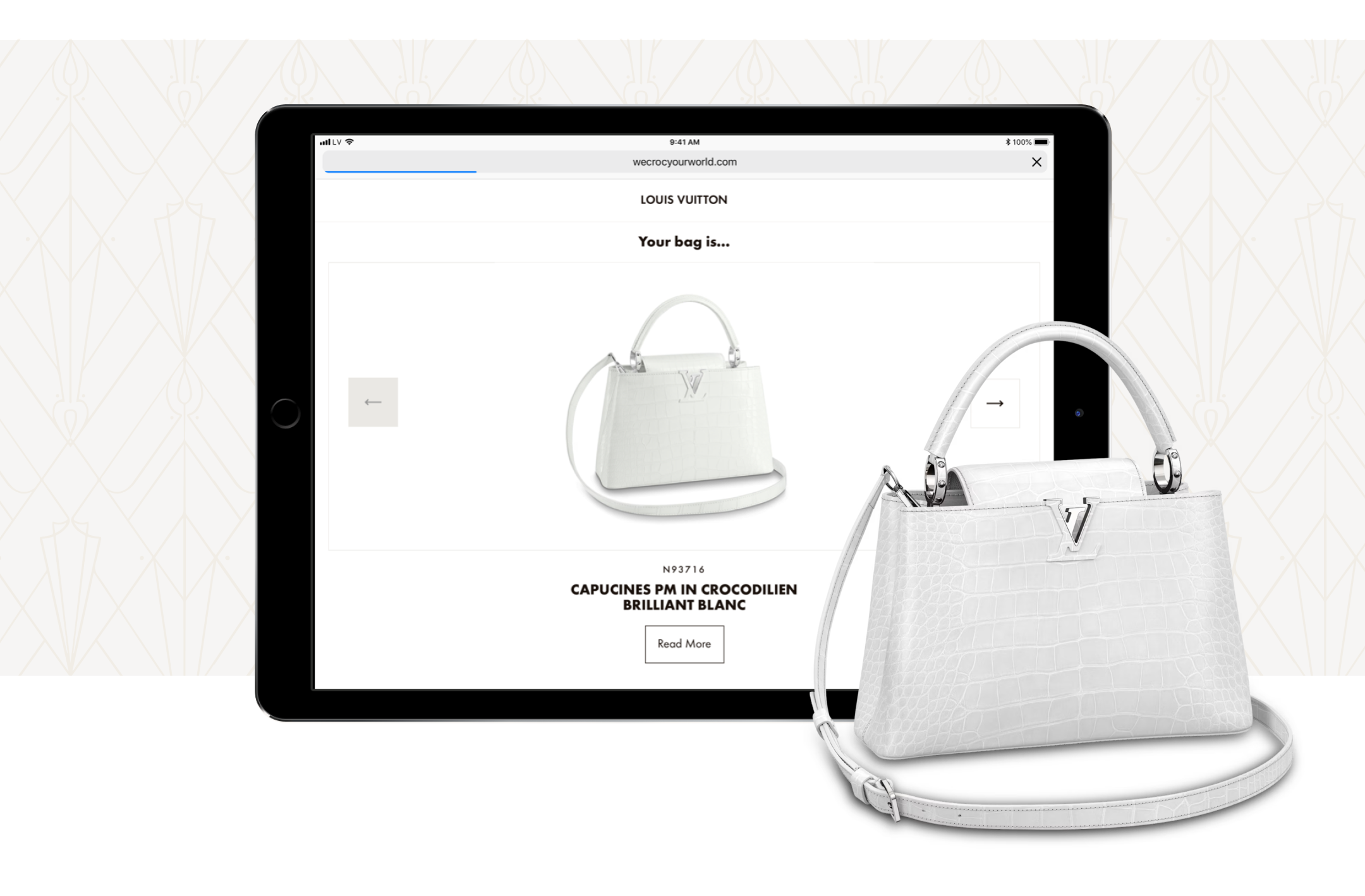Louis Vuitton website featuring a small white crocodile leather handbag with silver metal hardware and the iconic LV monogram on the front. 