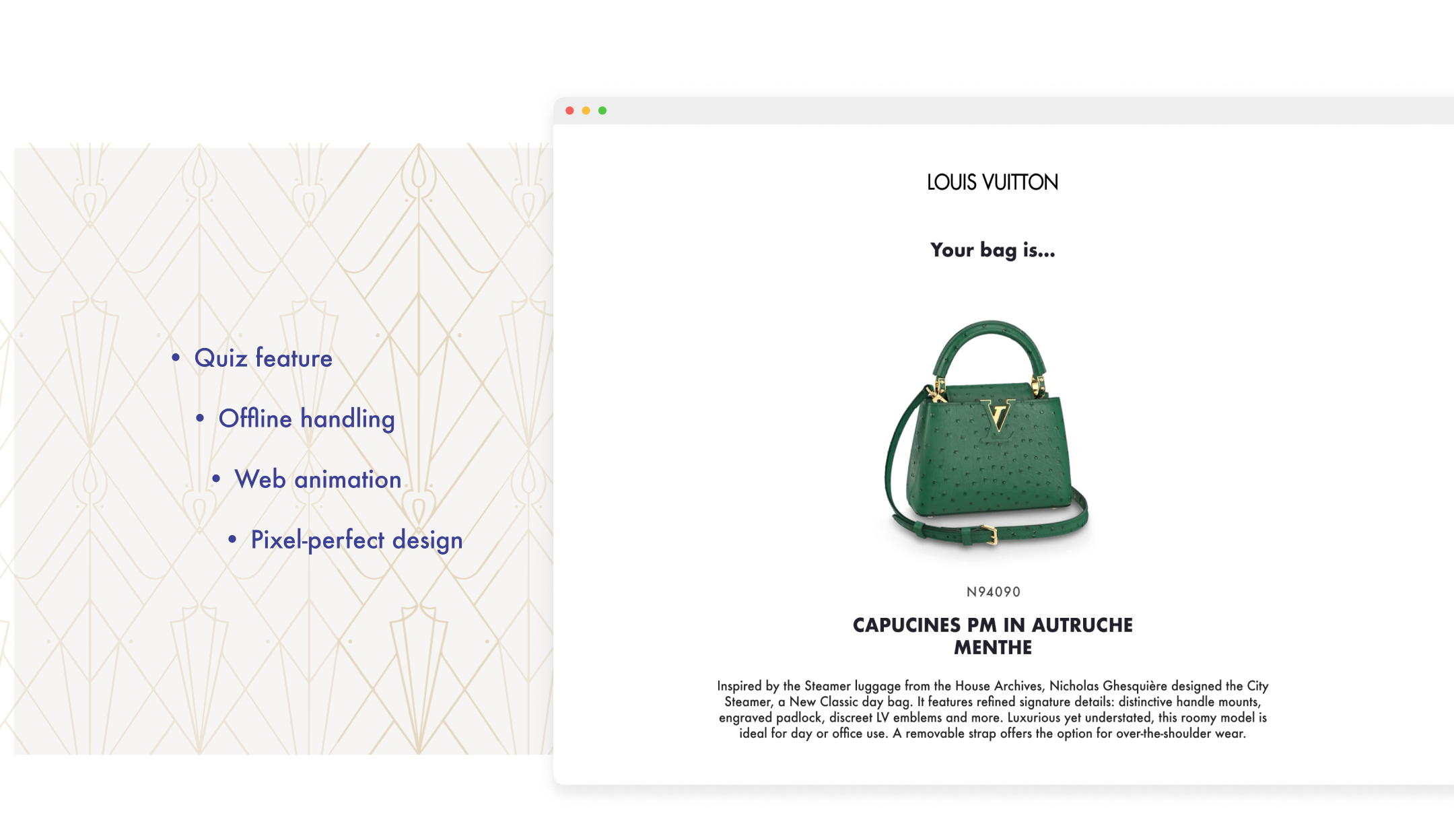Louis Vuitton website featuring a small green crocodile leather handbag with silver metal hardware and the iconic LV monogram on the front. 