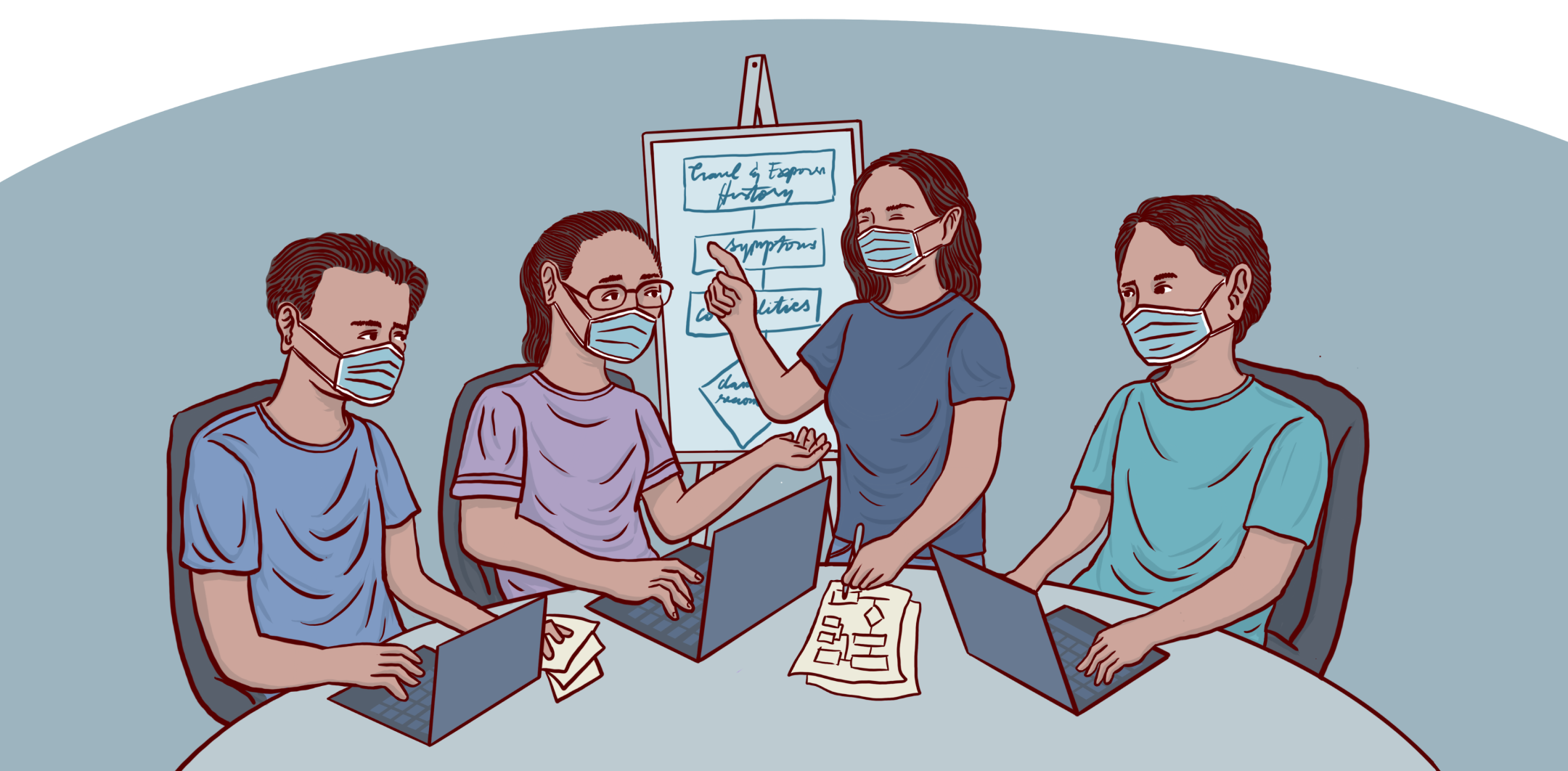 A cartoon illustration of 4 wearing face masks while having a meeting and some are listening while using their laptops.