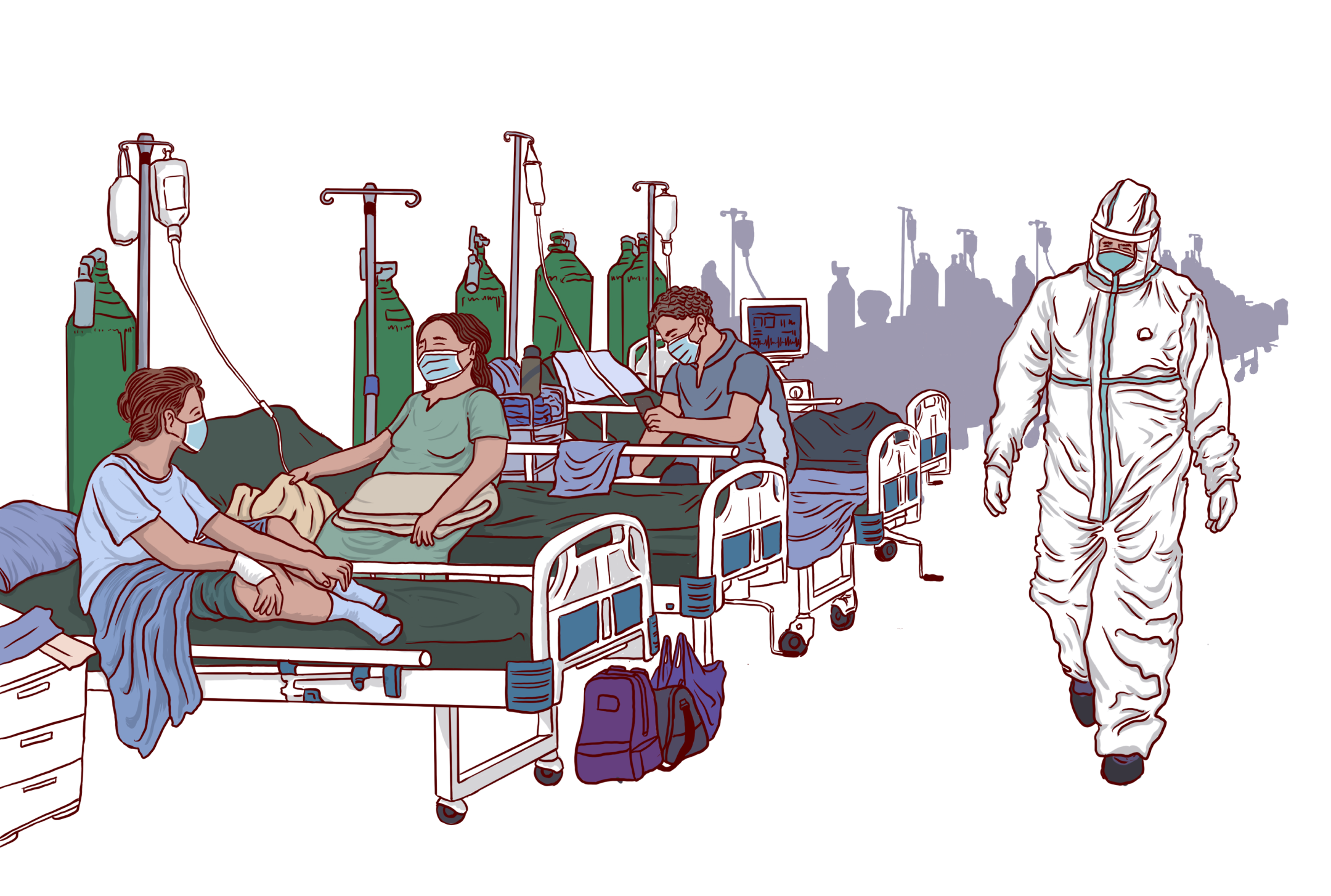 A cartoon illustration of a doctor in personal protective equipment walking along a row of sick people in hospital beds.
