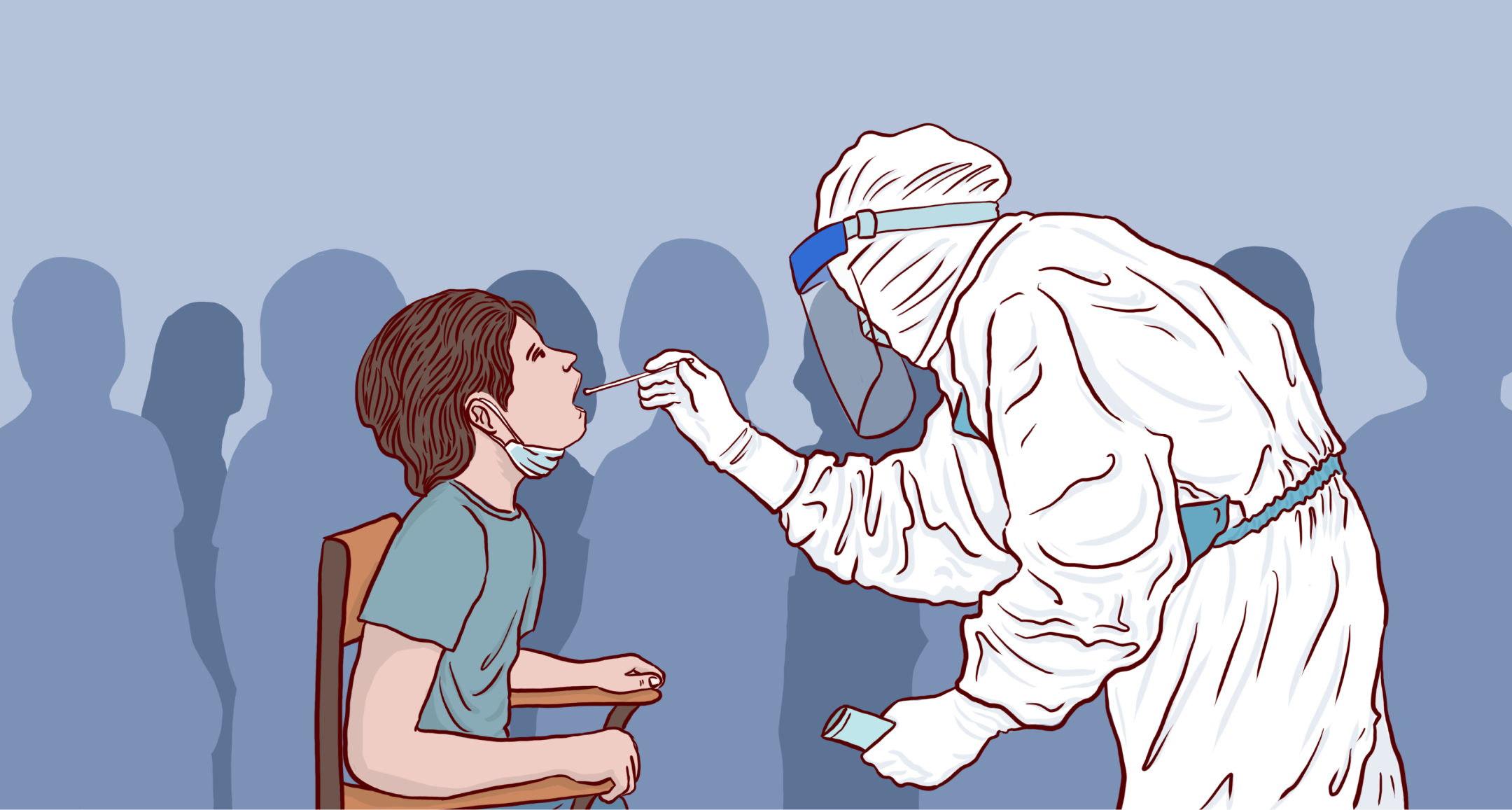 A minimalist cartoon illustration of a doctor in personal protective equipment administering a swab test on an individual.