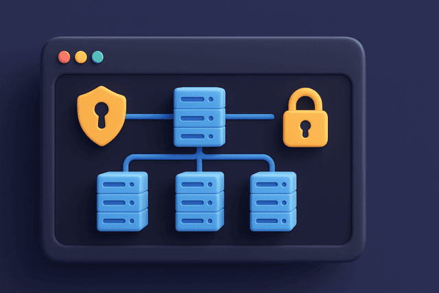 Control panel displaying a network diagram with multiple servers and security icons, set against a dark background.