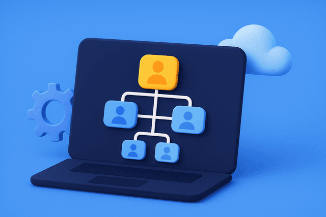 Silhouetted laptop with a flowchart of team roles and responsibilities on the screen, surrounded by gears and a cloud on a blue background.