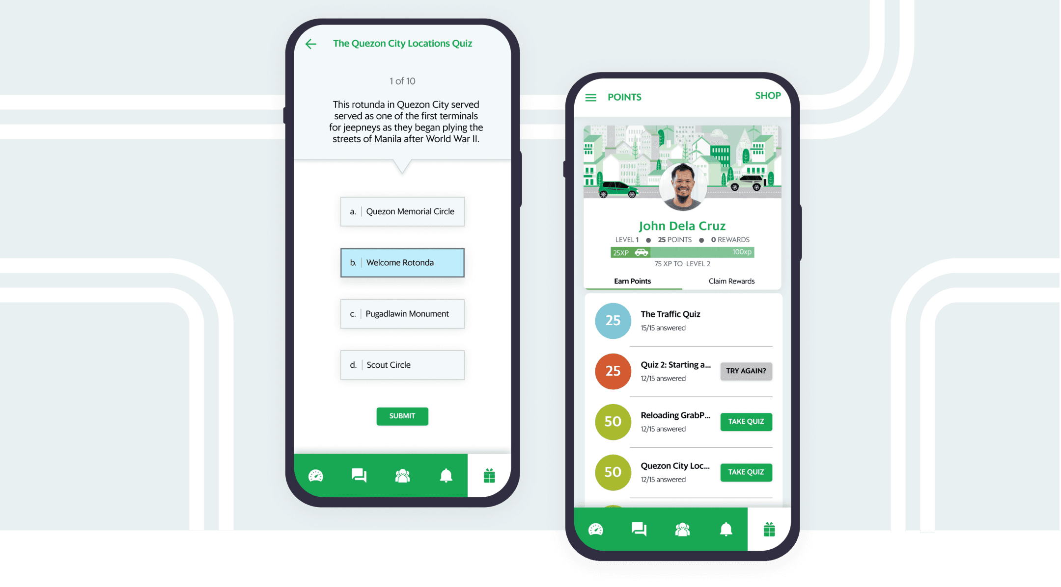 Grab Communities rewards screen with a list of quizzes and rewards and a screen of a quiz about Quezon City locations