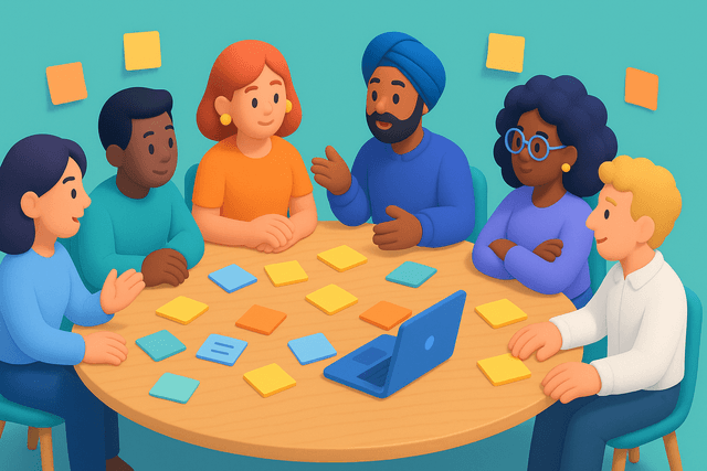 Round table with six diverse stakeholders discussing plans, surrounded by sticky notes and a laptop on a wooden surface.