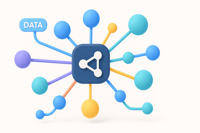 Network diagram showing interconnected nodes with labeled data points, featuring a central knowledge graph icon on a white background.