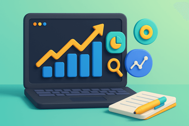 Laptop displaying a bar chart with upward trends and predictive analytics icons, placed on a desk with a notepad and pen.