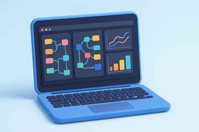 Open laptop displaying a complex software interface with multiple user journey maps and analytics charts on a light gray background.