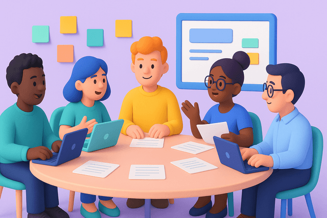 Round table with five people discussing over laptops and papers, surrounded by sticky notes and a whiteboard on a bright background.