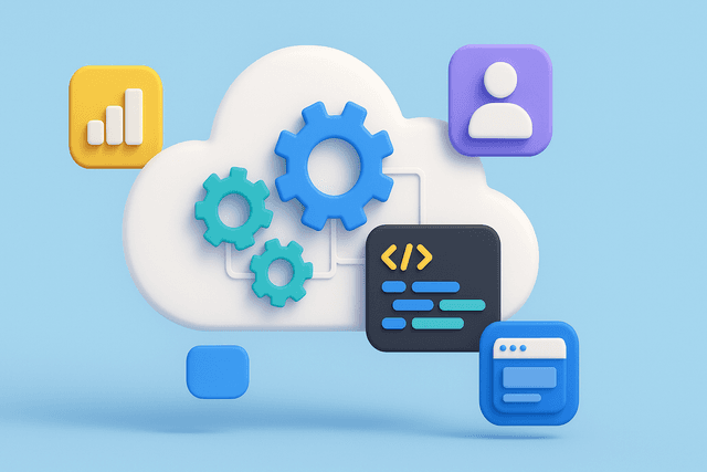 Cloud with interconnected gears and code snippets, surrounded by three application icons on a light blue background.