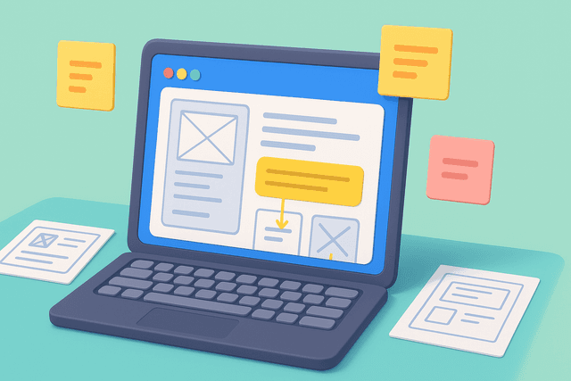 Laptop displaying a wireframe prototype with highlighted features and notes, surrounded by sticky notes and design sketches on a white desk.