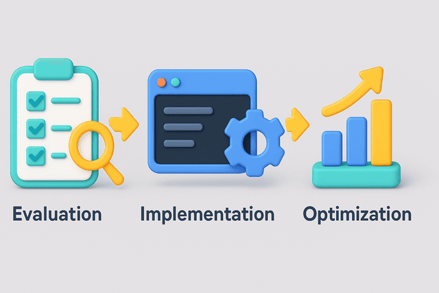 Flowchart depicting a phased modernization plan with three stages, featuring icons for evaluation, implementation, and optimization, on a soft gray background.
