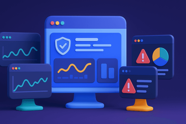 Multiple computer screens displaying security dashboards with graphs and alerts, arranged in a dark control room setting.