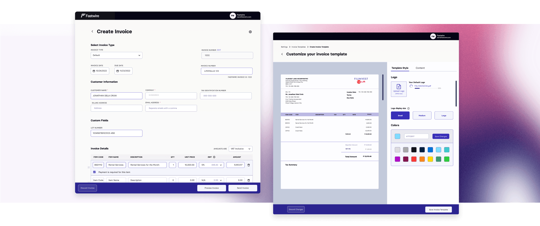 Two windows of the Fastwire website, showing the invoice creation page and the invoice template customization page.