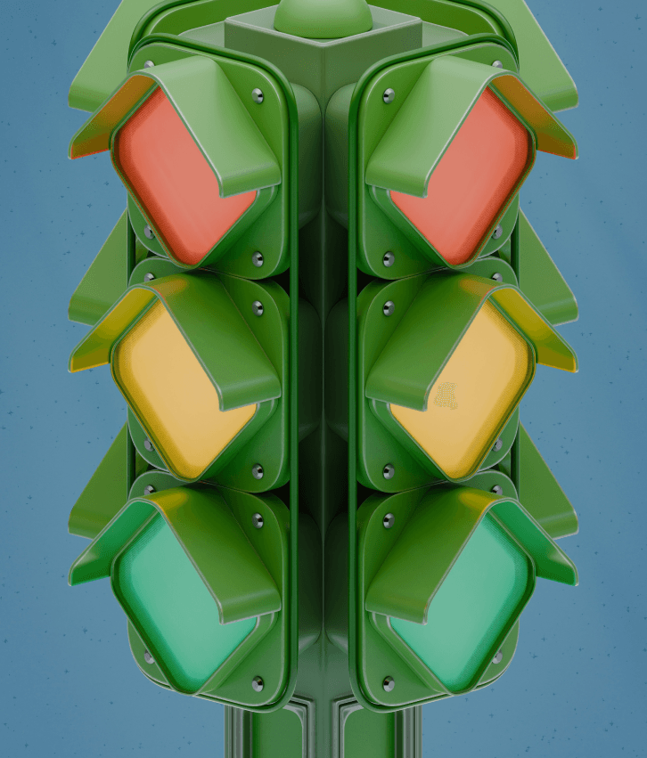 Multi-modal AI development concept illustrated with a 3D traffic light showing red, yellow, and green signals, symbolizing AI decision-making and coordination across multiple data inputs.