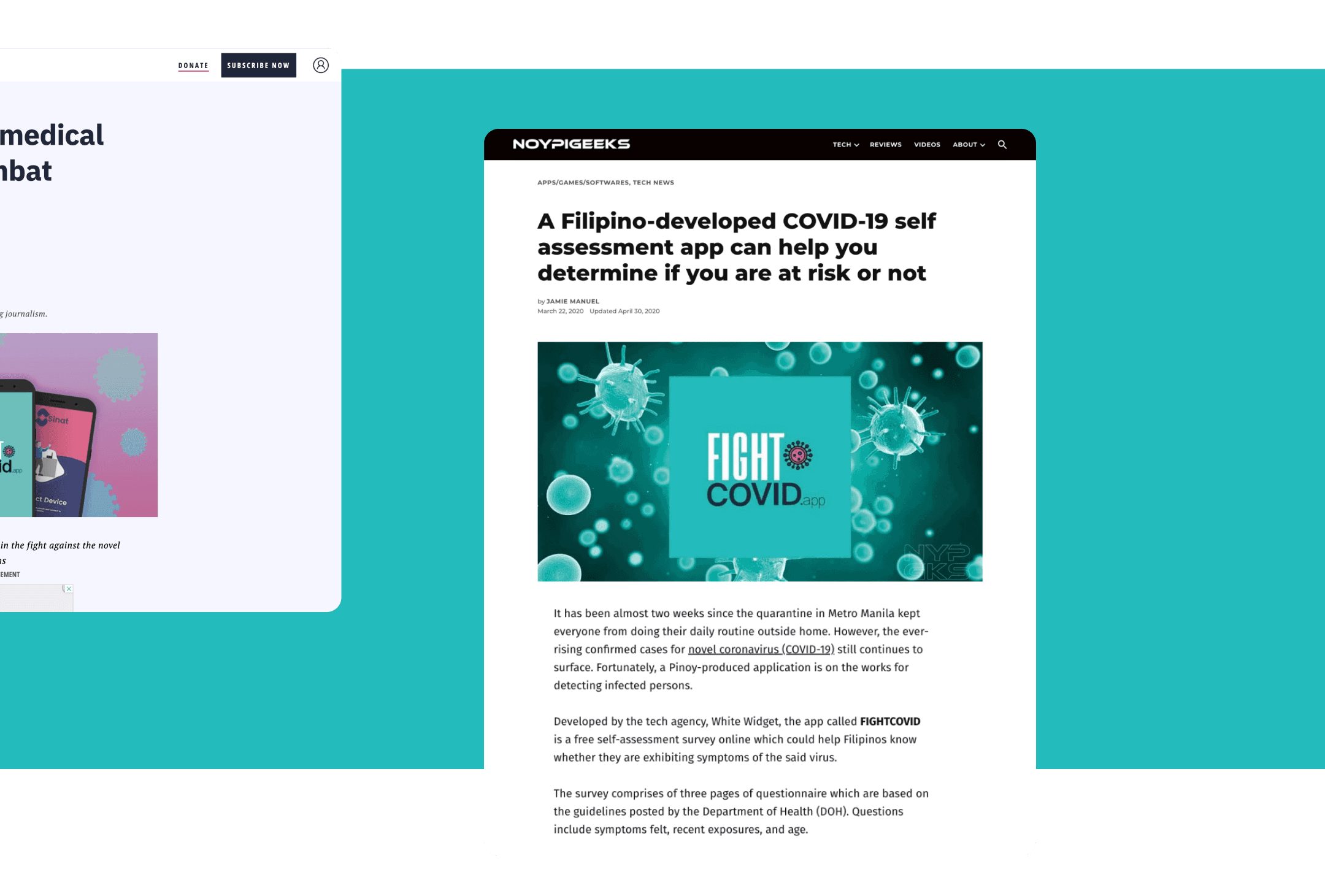 Noypigeeks News stating FightCOVID is a COVID-19 self-assessment app that can help you determine if you are at risk.
