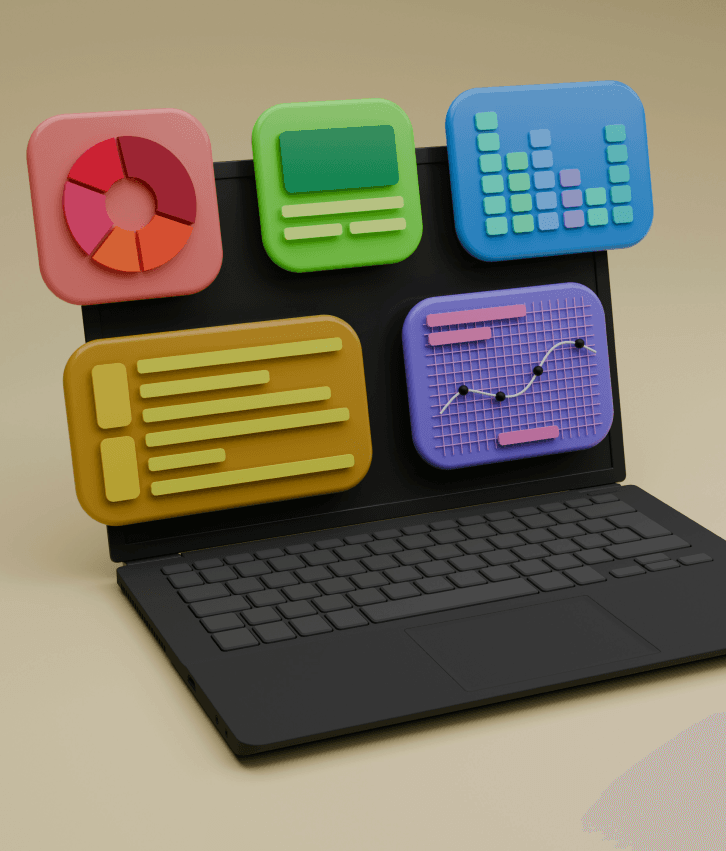 Custom web application development illustration with laptop and colorful app modules, representing tailored web app design and business software solutions.