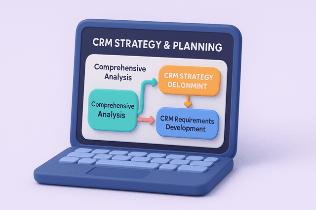 Open laptop displaying a flowchart of comprehensive analysis and custom CRM requirements development, illustrating a CRM strategy and planning process, on a light gray background.