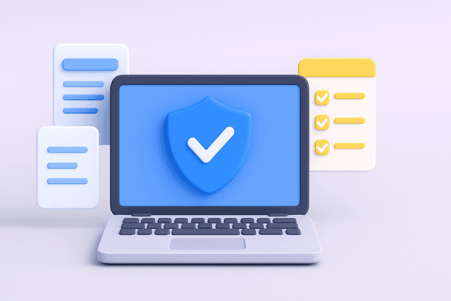 Open laptop displaying a blue shield with a checkmark on the screen, surrounded by documents and a checklist on a light gray desk.