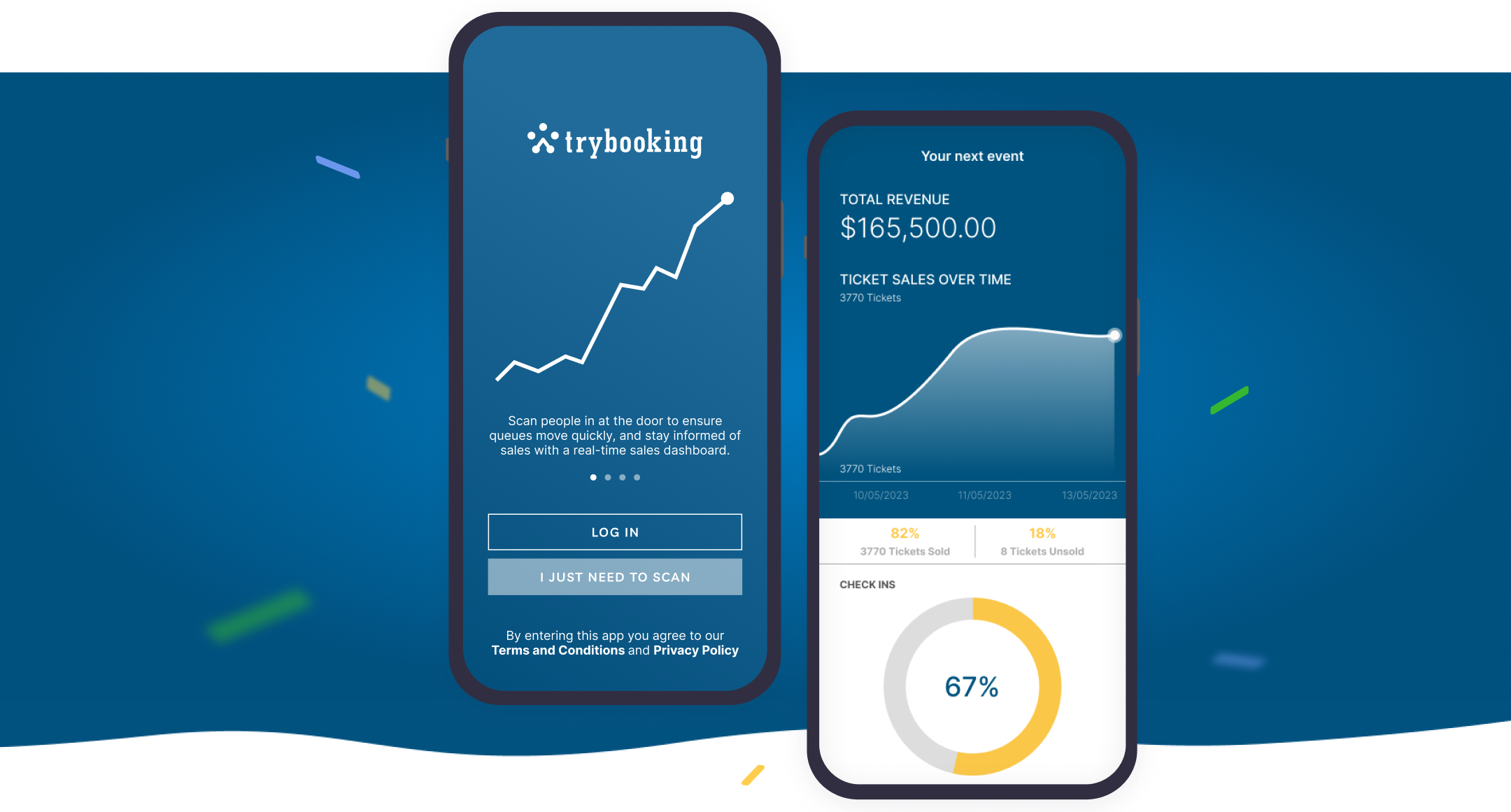 Two mobile screens of the Trybooking mobile app, one on the login screen and the other showing ticket sales and total revenue.