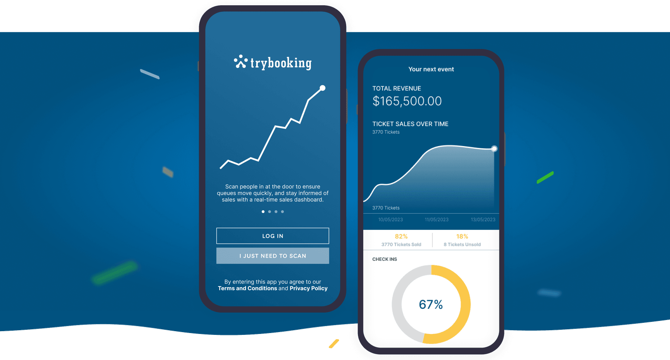 Two mobile screens of the Trybooking mobile app, one on the login screen and the other showing ticket sales and total revenue.