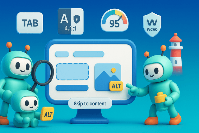 Group of three frontend developers collaborating on a laptop displaying a modern web interface design, with color swatches and wireframe sketches on a desk.