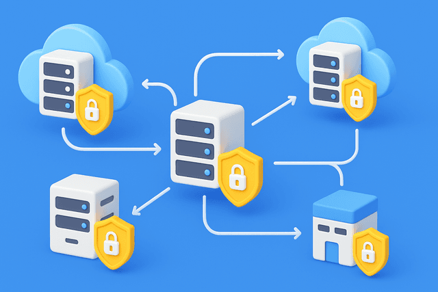 Network diagram with updated server icons and security shields, showing data flow between multiple cloud and on-premises locations on a blue background.