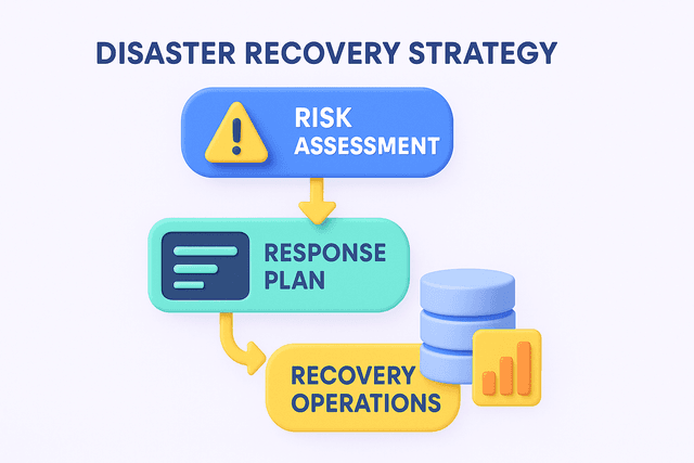 Flowchart illustrating a disaster recovery strategy with labeled steps, including risk assessment, response plan, and recovery operations on a white background.