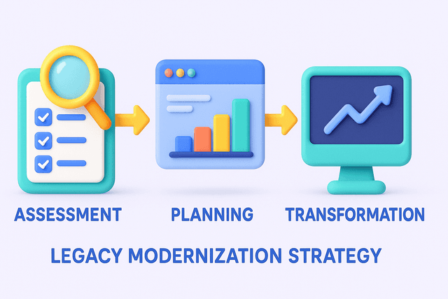 Horizontally arranged flowchart with stages labeled "Assessment," "Planning," and "Transformation," depicting a comprehensive legacy modernization strategy from evaluation to implementation, on a light gray background.