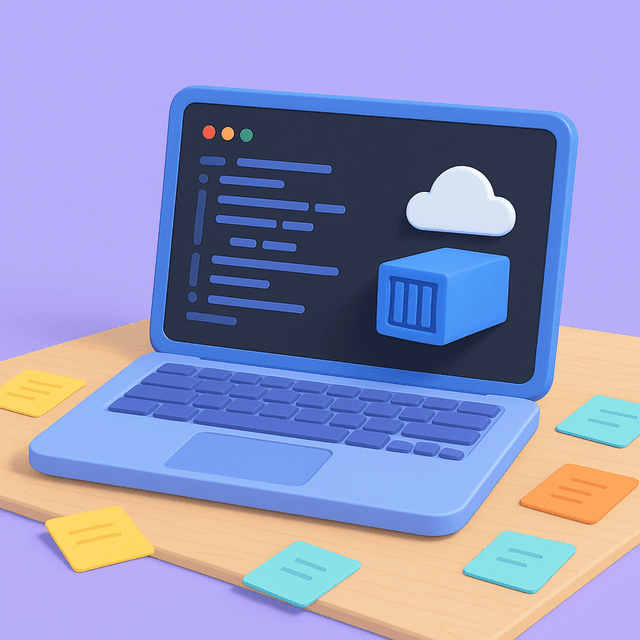Open laptop displaying a code editor with a container icon and a cloud symbol, placed on a wooden desk among scattered notes.