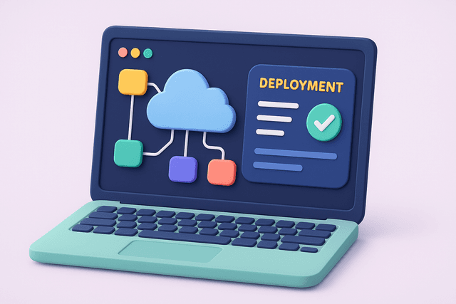 Open laptop displaying a cloud architecture diagram with interconnected nodes and a deployment status panel on a light gray background.