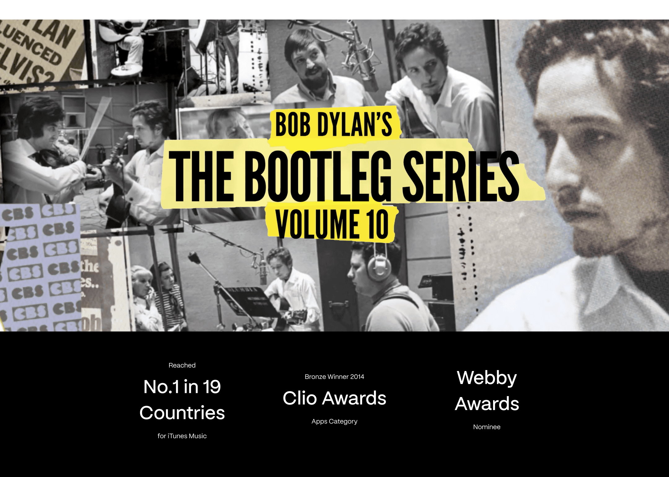 Title of Bob Dylan's The Bootleg Series with a background of a rock-style collage of him with the app's achievements listed.