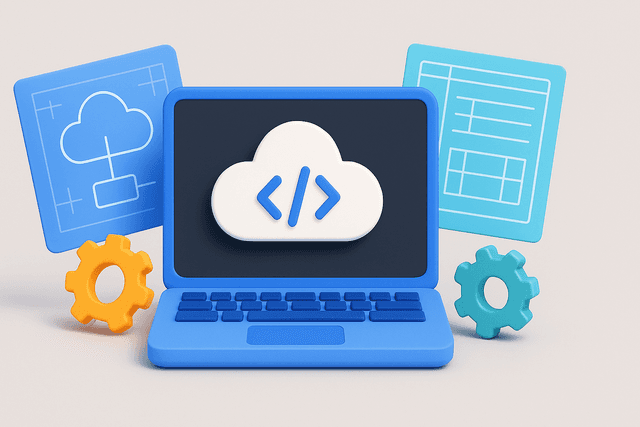 Open laptop displaying a cloud icon with code snippets, surrounded by blueprints and gears on a light gray background.