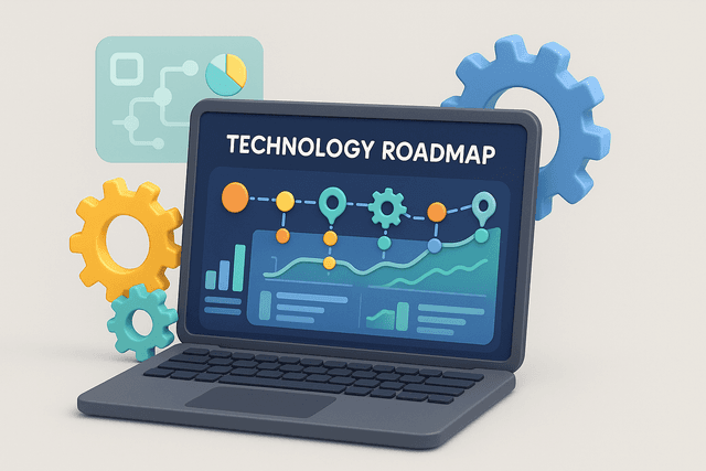 Open laptop displaying a detailed technology roadmap with milestone markers, icons, and charts, surrounded by gears and a digital interface, on a light gray background.