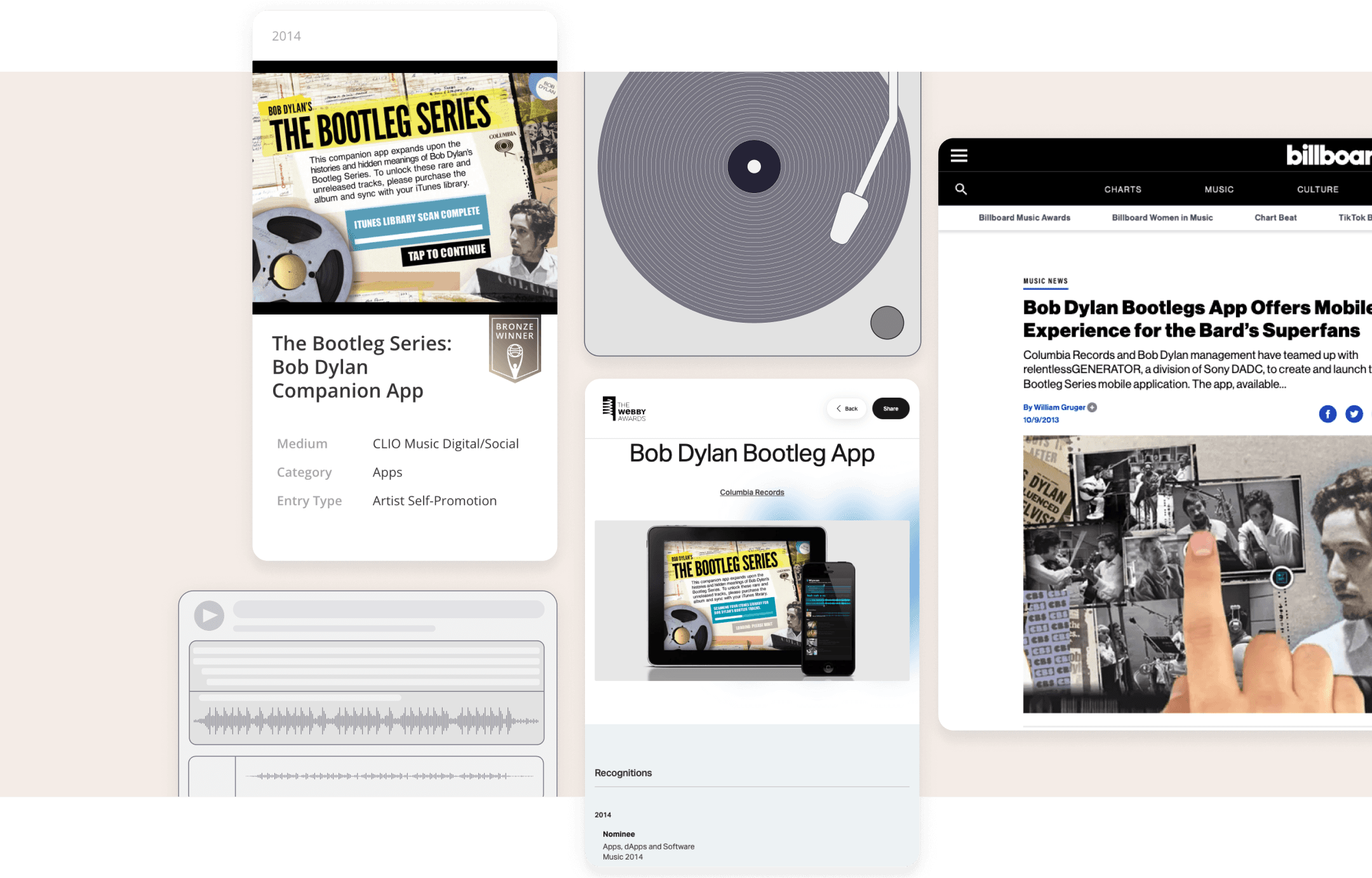 A collage of The Bootleg Series app's store description, recognitions, news with a minimalist illustration of a record player