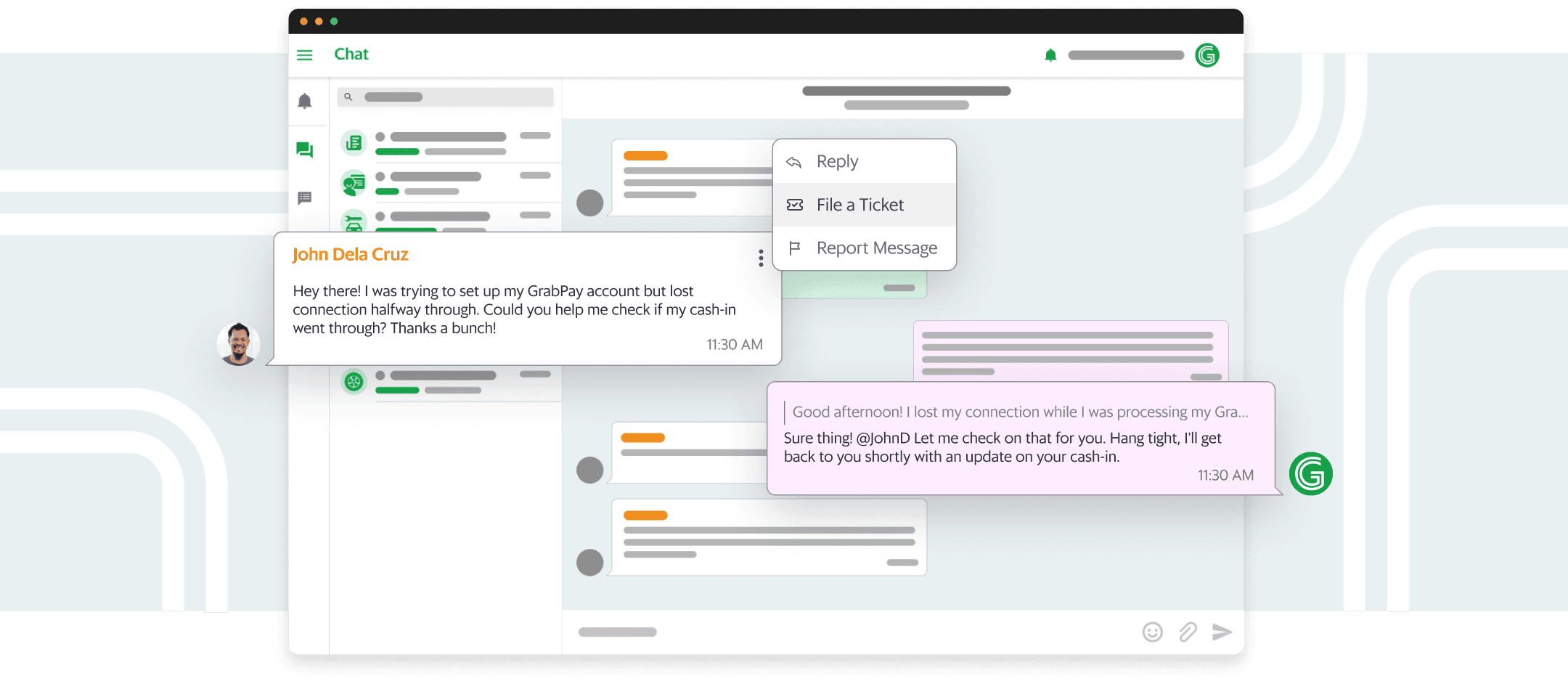 A Grab Communities message filing a ticket asking for help with an issue and an acknowledgement reply by a moderator.