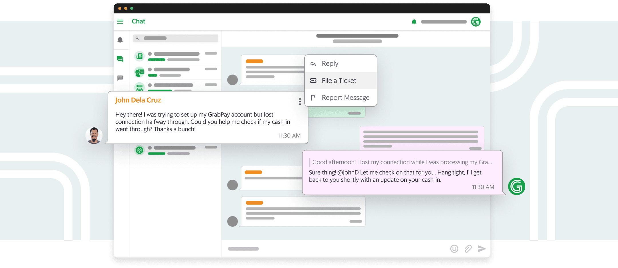 A Grab Communities message filing a ticket asking for help with an issue and an acknowledgement reply by a moderator. 