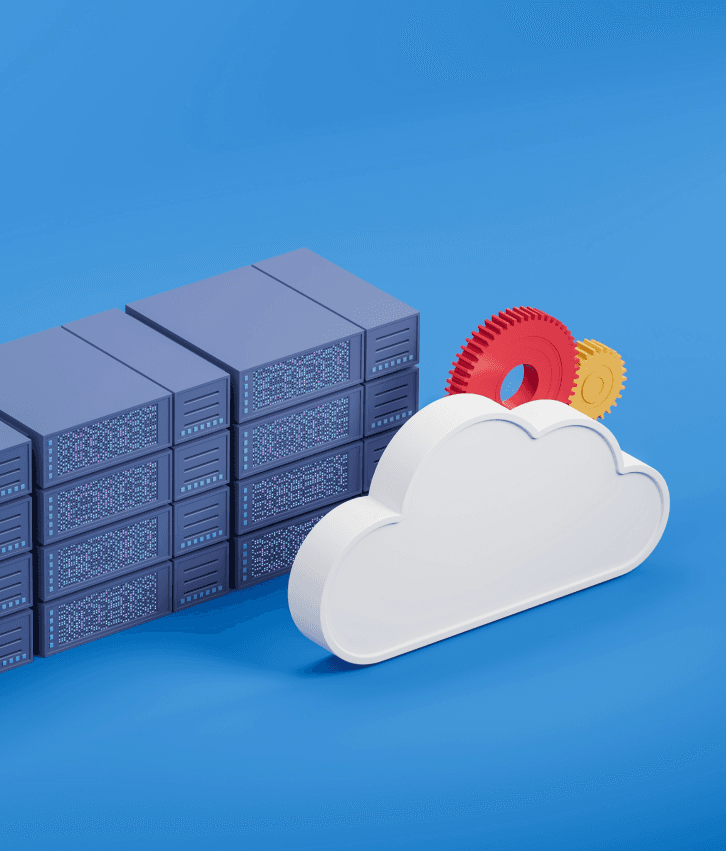Backend development and API integration illustration with servers, cloud, and gears, representing scalable database systems and API connectivity.