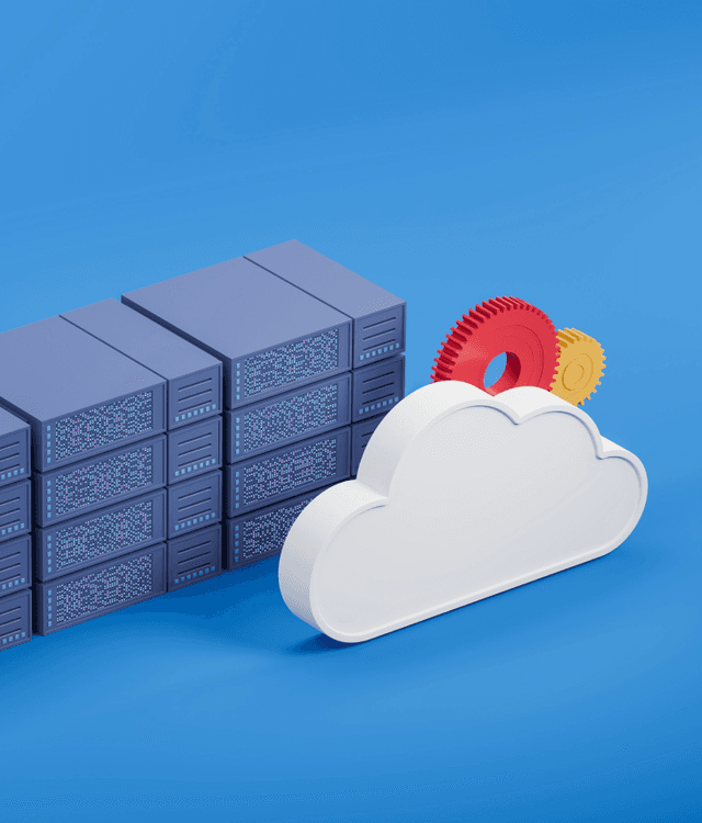 Backend development and API integration illustration with servers, cloud, and gears, representing scalable database systems and API connectivity.
