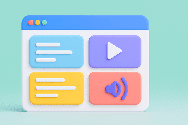Colorful dashboard displaying various content types with icons for text, video, and audio, arranged in a grid layout on a white background.