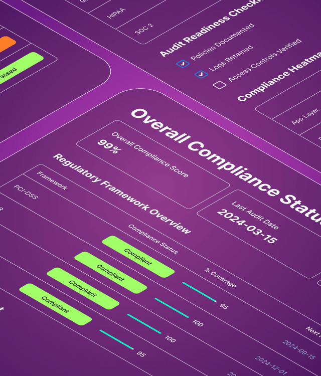 Compliance consulting dashboard with audit readiness checklists, regulatory frameworks, and governance controls, symbolizing cybersecurity compliance and regulatory consulting services.
