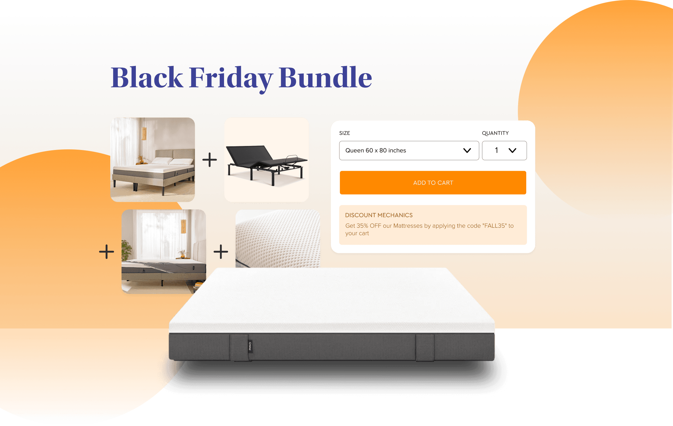 A Black Friday Bundle of a modern-style beddings next to a panel where the size and quantity can be chosen and ordered.