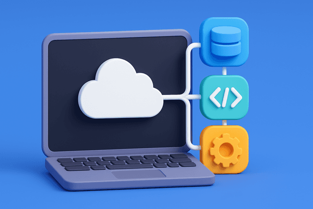 Laptop displaying a cloud icon and serverless architecture diagram, with three interconnected components on a blue background.