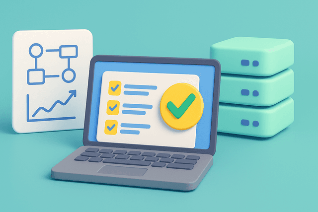 Desktop with a laptop displaying a checklist and a green checkmark, surrounded by three stacked servers and a whiteboard with diagrams.