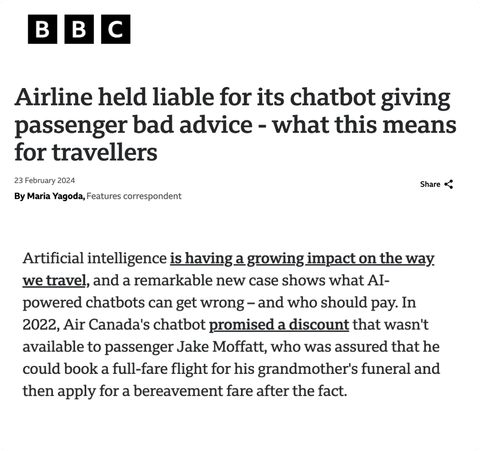 An snapshot of an article from BBC titled "Airline held liable for its chatbot giving passenger bad advice - what this means for travellers"