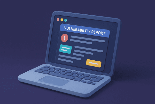 Open laptop displaying a vulnerability report with highlighted findings and remediation steps on a dark background.