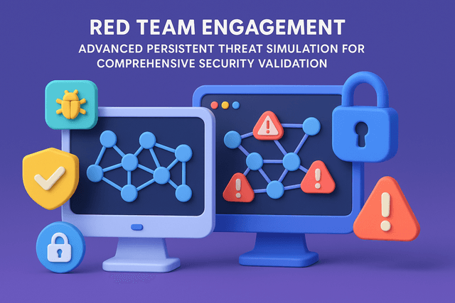 Two computer screens displaying network diagrams and threat indicators, surrounded by security icons on a dark background.