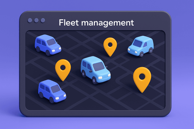 Fleet management dashboard displaying a map with multiple vehicle icons and real-time location markers against a dark background.