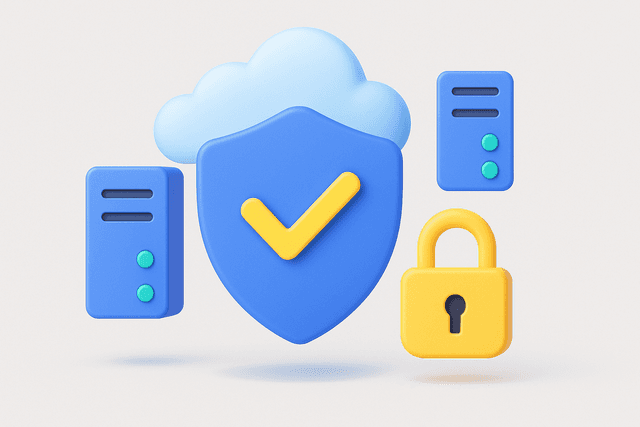 Cloud infrastructure diagram featuring a blue shield with a checkmark, surrounded by server icons and a lock symbol, on a light gray background.