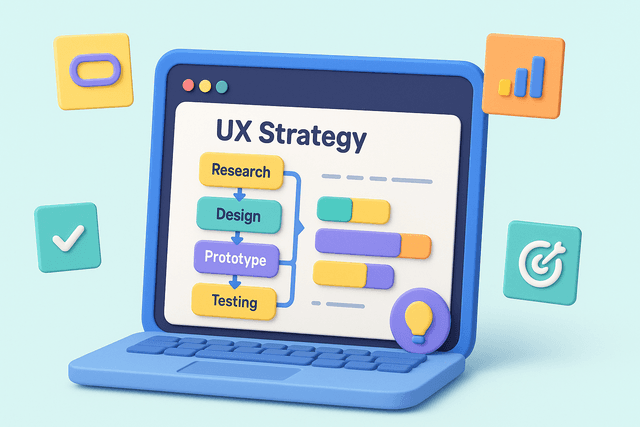 Open laptop displaying a flowchart and timeline for UX strategy development, with sticky notes and icons on a white background.